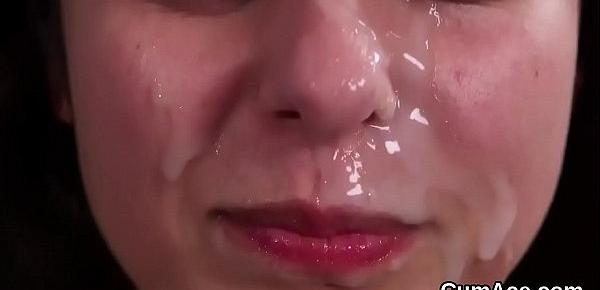  Foxy peach gets sperm load on her face sucking all the semen